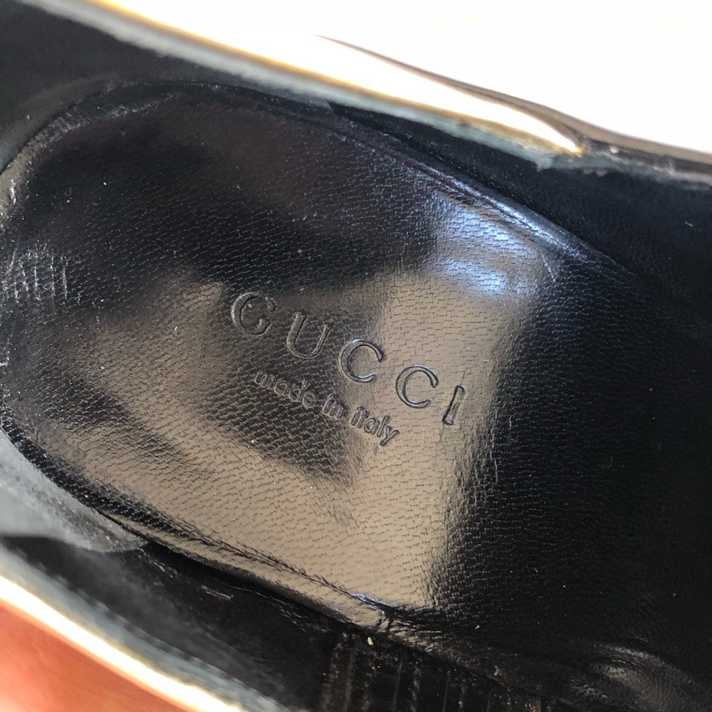 GUCCI Black Gold Patent Leather Peep Toe Booties 6 - Picture 6 of 8